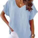 Womens Short Sleeve Cotton Linen Shirts Causal V-Neck Batwing Oversized T-Shirt Loose Summer Tops
