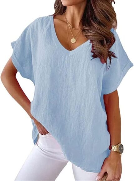 Womens Short Sleeve Cotton Linen Shirts Causal V-Neck Batwing Oversized T-Shirt Loose Summer Tops