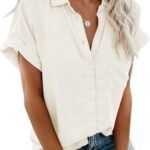 Womens Casual Button Down Short Sleeve Shirts 2026 Summer Fashion Cotton Linen Shirt Top Blouses with Pocket