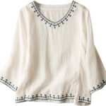 Cotton Linen Tops for Women Summer Casual 3/4 Sleeve T Shirts Lightweight Ethnic Style Embroidery Blouses Tees