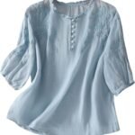 Women's Cotton Linen Button Short Sleeve Shirts Summer Loose Crew Neck Casual Boho Top Vintage Embroidered Blouse Tops