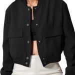 Women Spring Varsity Bomber Jackets Long Sleeve Cropped Button Down Casual Coat with Pockets Outwear