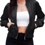 Bomber Jacket Women  - Lightweight Cropped Jacket Zip Up Casual Striped Women Jackets Trendy Outerwear with Pockets