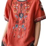 Women's Cotton Linen Tops Embroidered Short Sleeve Peasant Boho Mexican Tunic Top Festival Casual Loose T Shirt