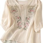 Floral Embroidered Tops Cotton Linen Shirts Boho Ethnic Style Peasant Tee Women 3/4 Sleeve V Neck Button Tunic Tshirt