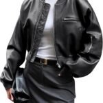 Women Faux Leather Bomber Jackets Baseball Collar Zip Up Cropped Biker Coat with Pockets