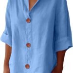 Cotton Linen Shirts for Women Gauze Boho Button Down 3/4 Sleeve Blouses Summer Tops Loose Fit Beach Vacation Outfits