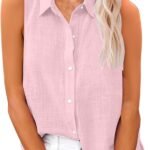 Women's Cotton Linen Shirts Sleeveless Collared Tops Oversized Button Up Blouses Work Shirts Casual Summer Tshirt