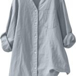 Linen Button Down Shirt for Women Cotton Long Sleeve Dressy Casual Blouses V Neck Plus Size Tops Loose Fit Clothes