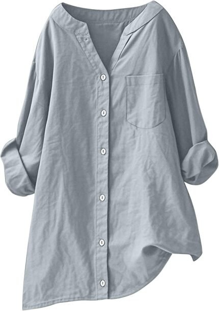 Linen Button Down Shirt for Women Cotton Long Sleeve Dressy Casual Blouses V Neck Plus Size Tops Loose Fit Clothes