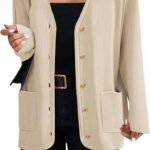 Women V Neck Button Long Cardigan Sweater Casual  Fall Knit Sweater Blazer with Pockets