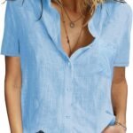 Womens Button Down Shirts Cotton Summer Tops V Neck Short Sleeve Shirt Collar Blouse Casual Plain Tshirt Work Tops