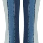 Women Patchwork Flare Jeans Stretch High Waisted Bell Bottom Raw Hem Denim Pants