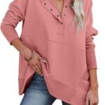 Women Oversized Hoodies and Sweatshirt V Neck Button up Loose Fit Henley Shirt  Fall Fashion
