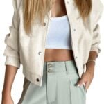 Women Cropped Bomber Jacket Wool Blend Varsity Short Pea Coats Long Sleeve Button Down Winter Casual Outerwear