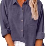 Button Down Shirts for Women Cotton Linen Long Sleeve Casual Tops Summer Boho Shirt Work Gauze Blouses