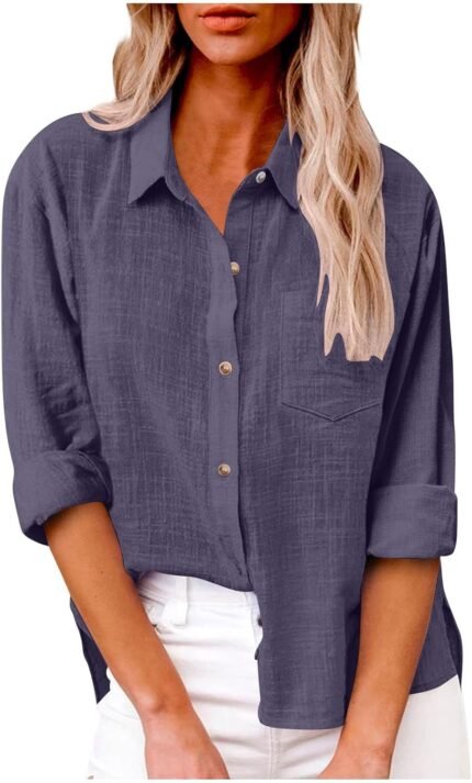 Button Down Shirts for Women Cotton Linen Long Sleeve Casual Tops Summer Boho Shirt Work Gauze Blouses