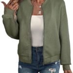 Women Bomber Jacket Coat Casual Stand Collar Zip Up Lightweight Fall Fashion Jackets Outfits with Pockets