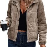 Women Corduroy Quilted Puffer Jacket Zip Up Long Sleeve Padded Bomber Barn Jackets Coat with Pockets