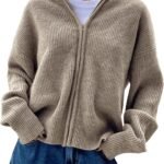 Women Zip Up Hooded Cardigan Sweater Knitted Drop Shoulder Fall Hoodies Outerwear